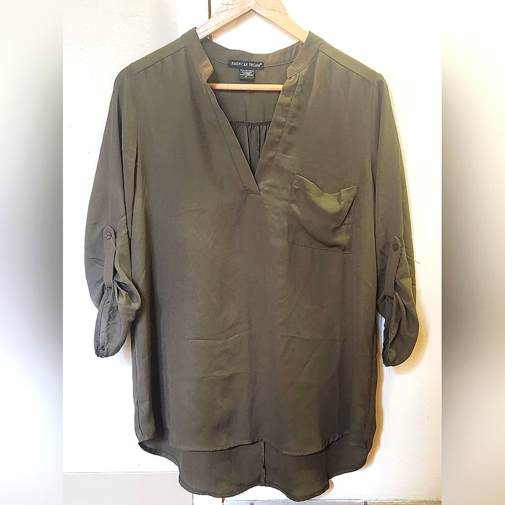 💜 Olive Green Flowy Tunic V-Neck Top size Small